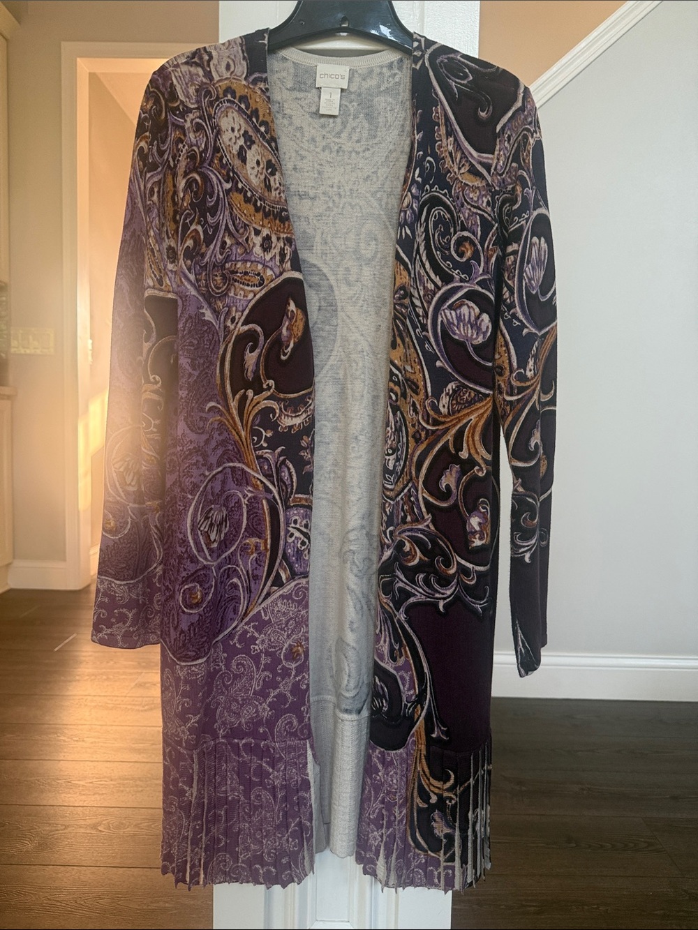 Chico's Purple Paisley Open-Front Longer Cardigan 1 (8/10) - Picture 3 of 7